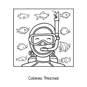 Coloring page of a diver on the sea floor surrounded by fish