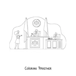 Coloring page of a lawyer before a judge at a trial