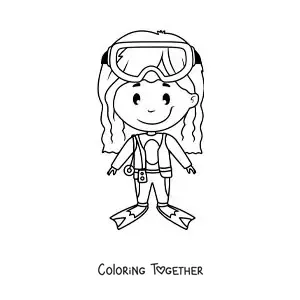 Coloring page of a girl with diving gear