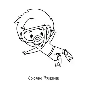 Coloring page of a boy swimming with a snorkel