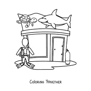 Coloring page of a diving gear shop