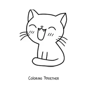Coloring page of a kawaii cat sitting and smiling