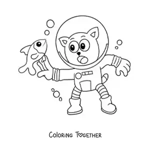 Coloring page of a cartoon cat diving and catching a fish