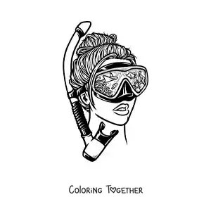 Coloring page of a girl in realistic style with goggles and a snorkel