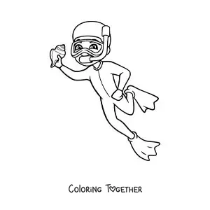 Coloring page of a boy diving and finding a conch shell
