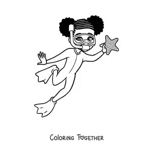 Coloring page of a girl diving and finding a starfish