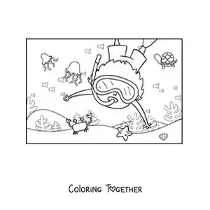 Coloring page of a boy diving on the ocean floor with crabs and jellyfish