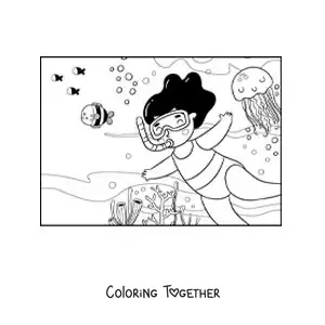 Coloring page of a girl diving on the ocean floor with fish and jellyfish