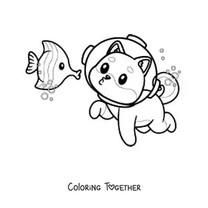 Coloring page of a cartoon dog with a helmet diving with a fish