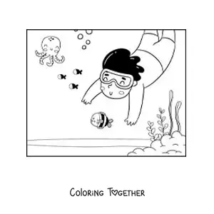 Coloring page of a boy diving on the sea floor with fish and octopuses