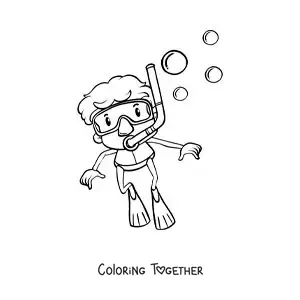 Coloring page of a boy diving with a snorkel and flippers