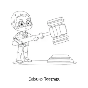 Coloring page of a kawaii lawyer holding a giant gavel