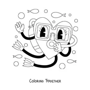 Coloring page of a cartoon of an animated heart diving