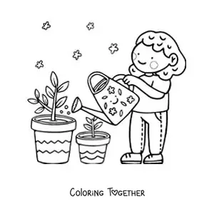 Coloring page of a cute girl watering her plants