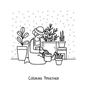 Coloring page of a girl watering her plants at home