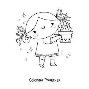 Coloring page of a girl with a cartoon plant