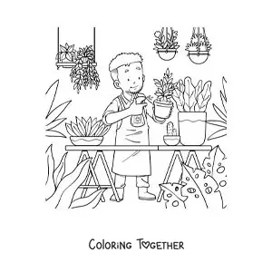Coloring page of a man watering his plants in his greenhouse