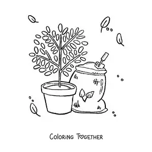 Coloring page of a potted plant next to a bag of soil