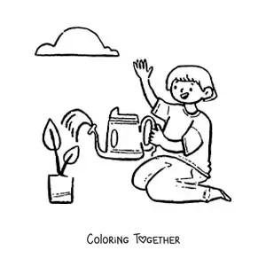 Coloring page of a boy watering a plant in a pot