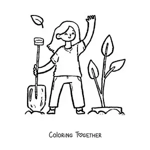 Coloring page of a girl transplanting a plant into the soil