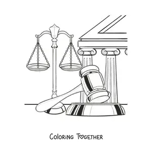 Coloring page of a set of scales and a gavel as symbols of justice