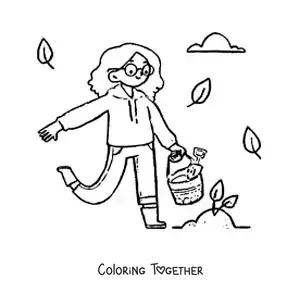 Coloring page of a girl caring for a seedling