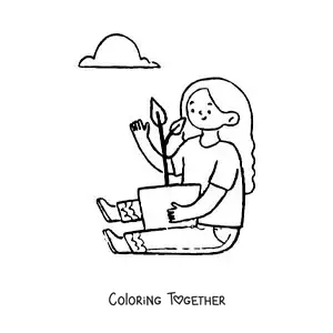 Coloring page of a girl hugging a potted plant