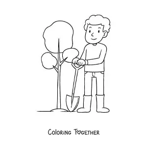 Coloring page of a boy planting a plant in the soil
