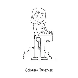 Coloring page of a girl taking care of her garden