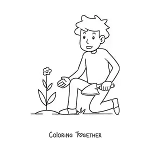 Coloring page of a young man planting a flower