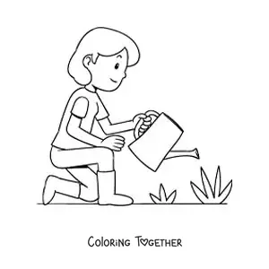 Coloring page of a young woman watering the plants in her garden