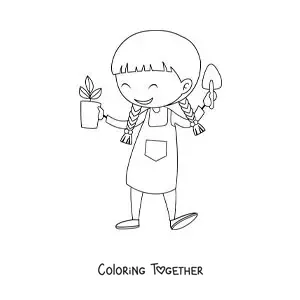 Coloring page of a girl with a flower pot and a gardening trowel