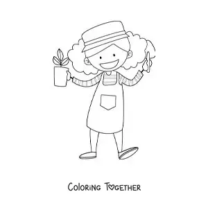 Coloring page of a girl gardener with a flower pot and a trowel