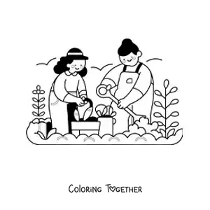 Coloring page of two girls doing maintenance on a garden