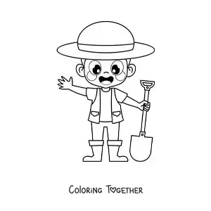 Coloring page of a happy boy gardener with a hat