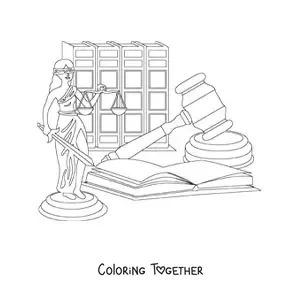 Coloring page of a figure of Justice holding a set of scales next to a gavel