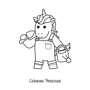 Coloring page of a kawaii gardener unicorn