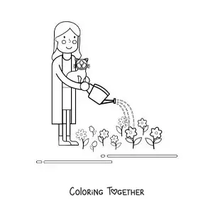 Coloring page of a woman with her cat watering flowers