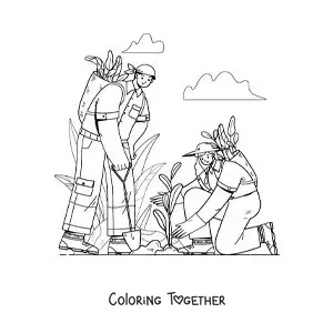 Coloring page of a couple taking care of their garden