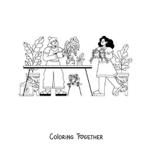 Coloring page of two girls taking care of the plants in a greenhouse