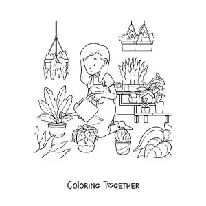 Coloring page of a woman taking care of the plants in a greenhouse