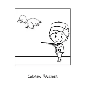 Coloring page of a hunter aiming at a duck