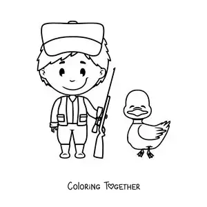 Coloring page of a hunter next to a duck