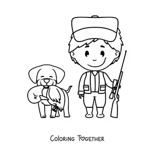 Coloring page of a hunter next to a hunting dog that caught a duck