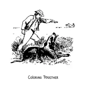 Coloring page of a duck hunter giving instructions to his dog