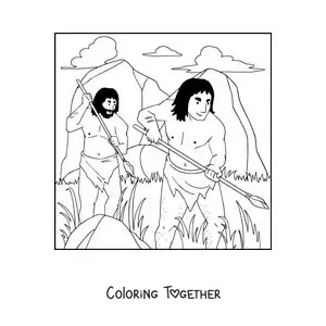 Coloring page of two prehistoric men hunting with a spear