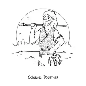 Coloring page of a caveman hunting fish with a spear