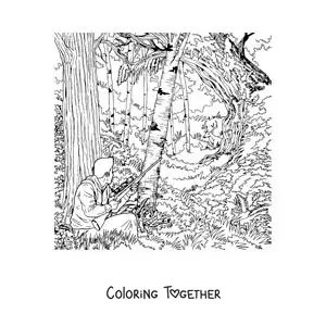 Coloring page of a hunter aiming at a deer in the forest