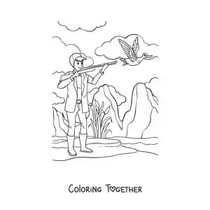 Coloring page of a hunter aiming at a duck in the wild