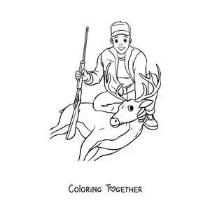 Coloring page of a hunter with a deer